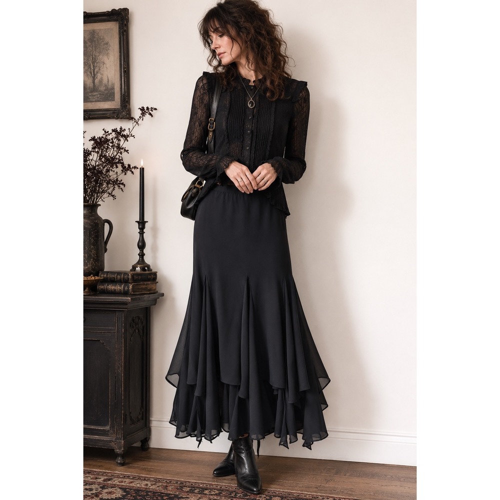 MSK Handkerchief Hem Skirt Women 20W Black Layered Chiffon Whimsigoth Maxi